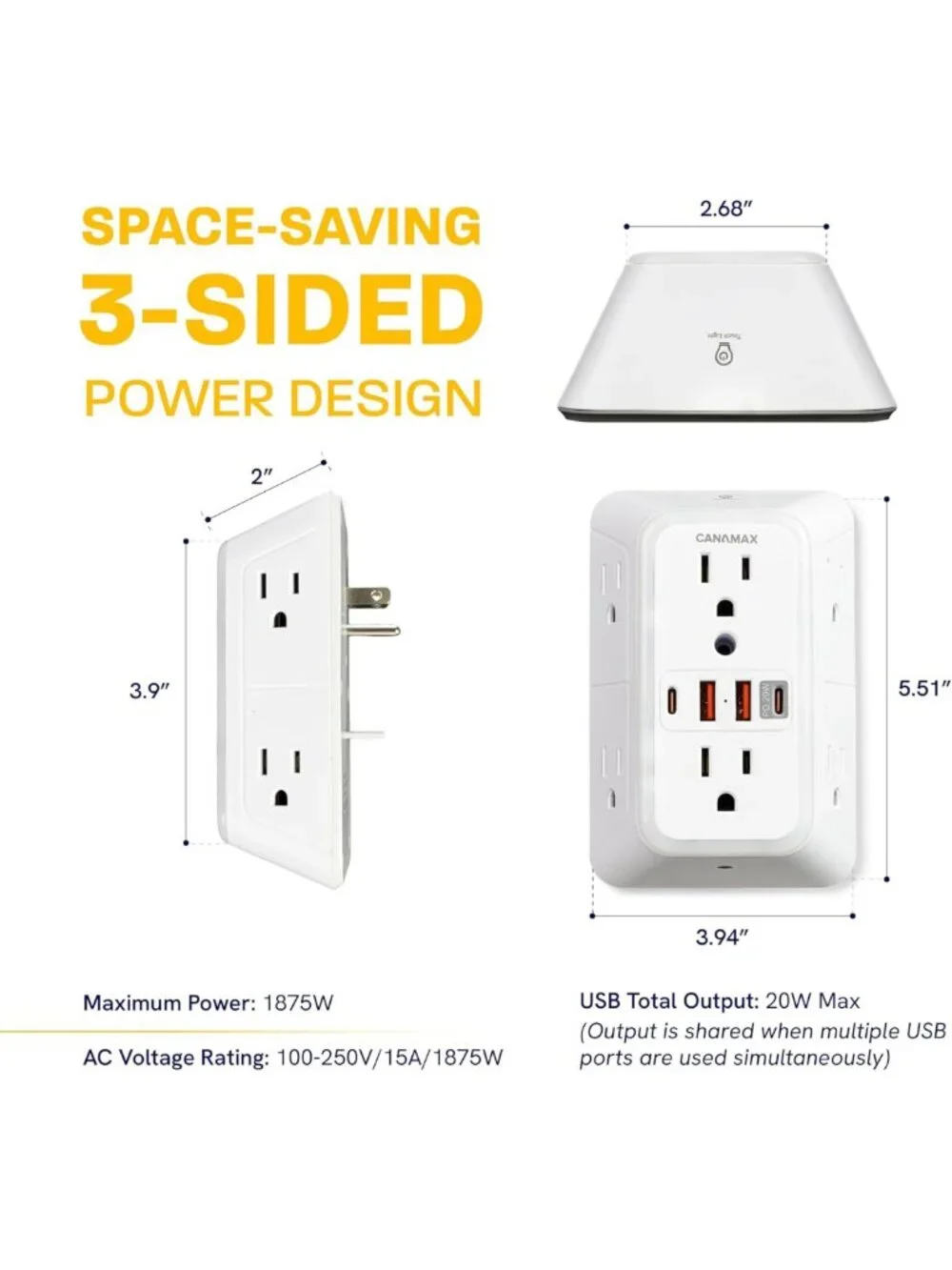 6 Outlet Wall Plug Extender with 4 USB Ports, Fast Charging, Surge Protector